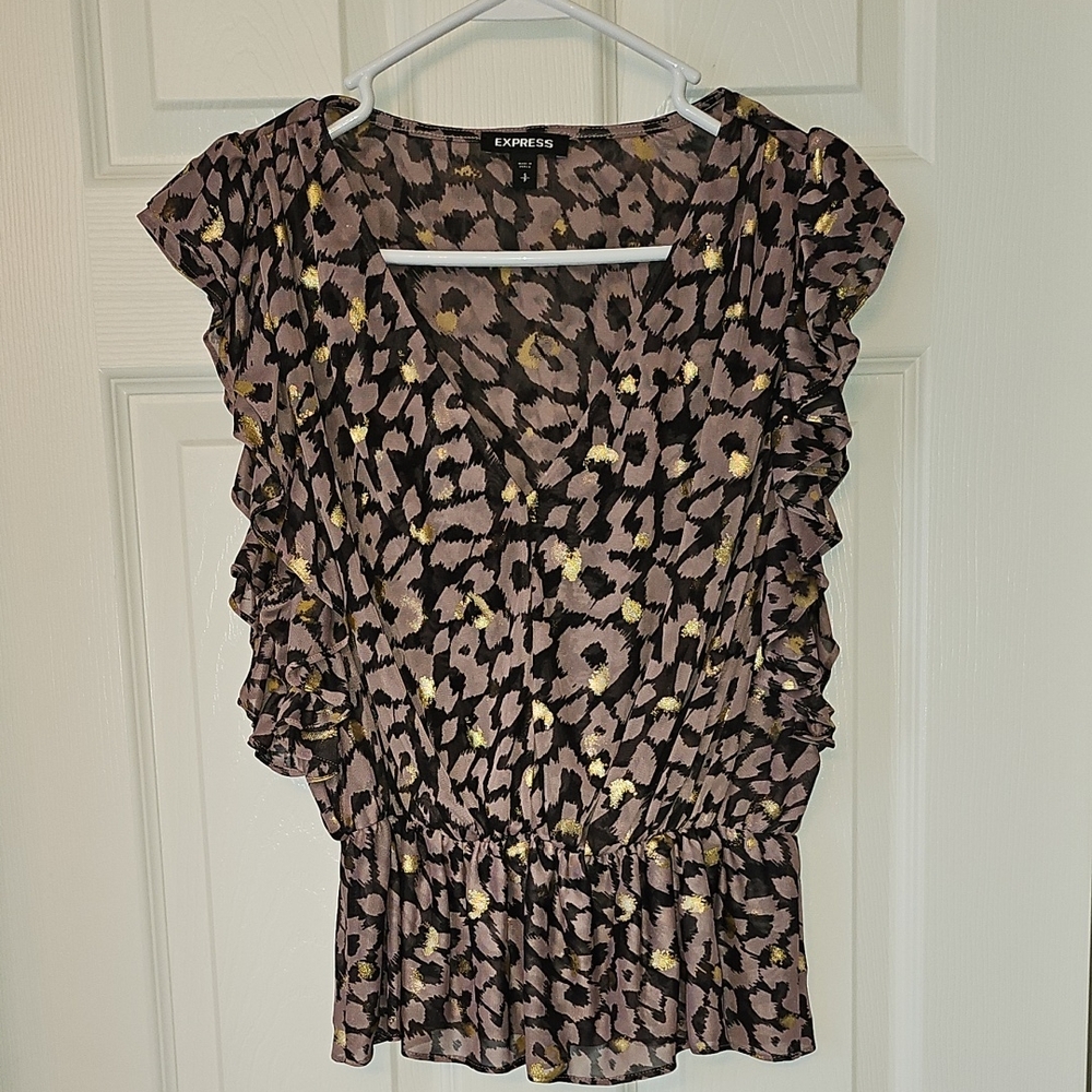 Express Animal Print Ruffle Blouse - Black and Gold